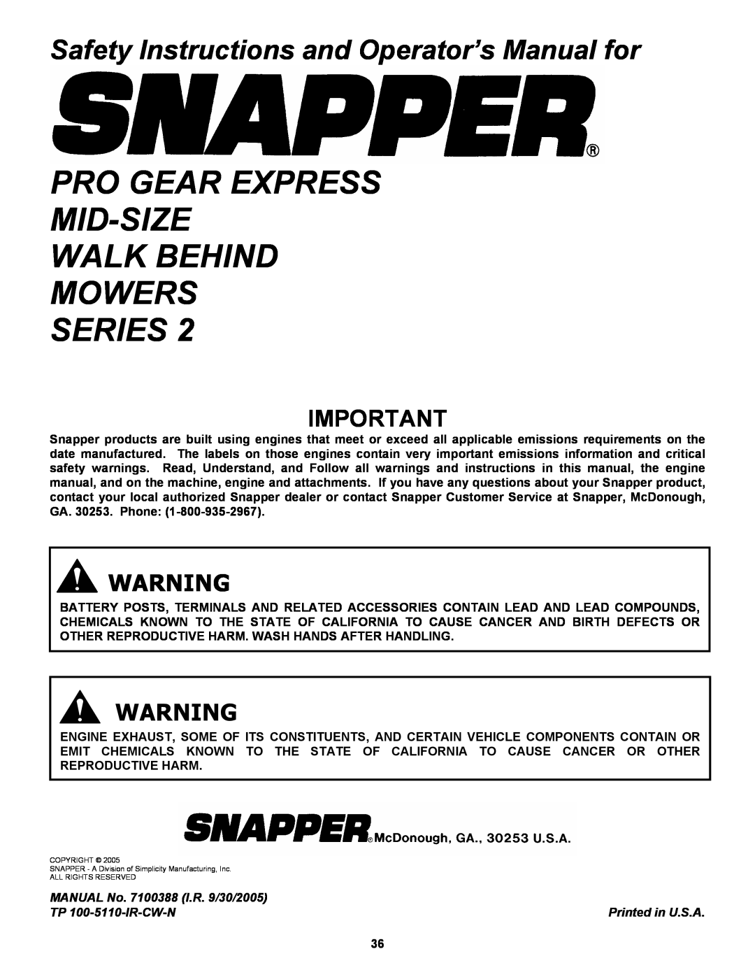 Snapper SPE132KW, SPE152KW, SPE361, SPE481 Pro Gear Express Mid-Size Walk Behind Mowers, Series 