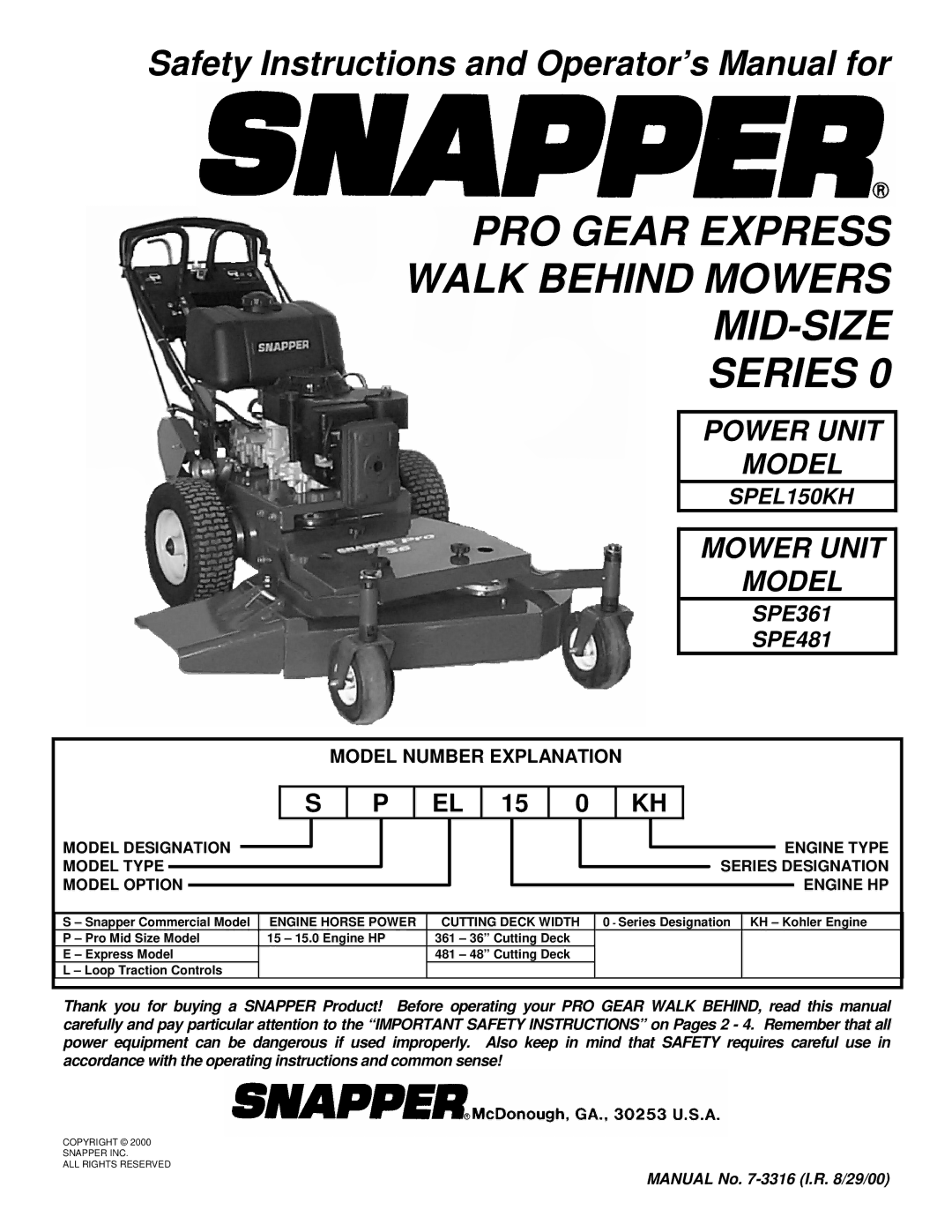 Snapper SPE481 important safety instructions PRO Gear Express Walk Behind Mowers MID-SIZE Series, Model Number Explanation 