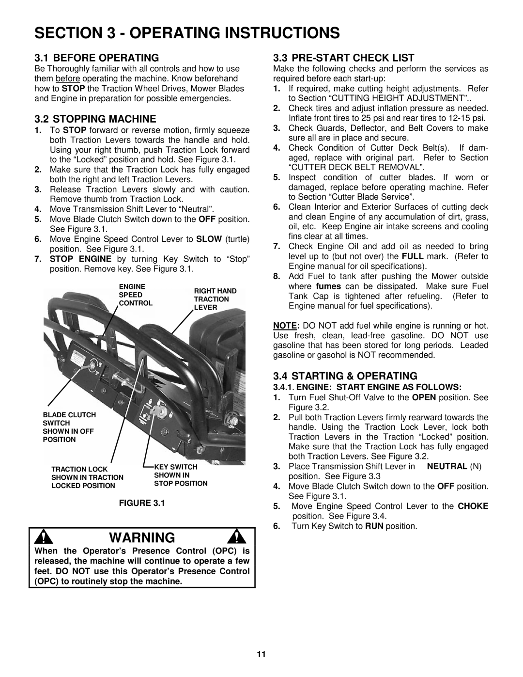 Snapper SPE361 Operating Instructions, Before Operating, Stopping Machine, PRE-START Check List, Starting & Operating 