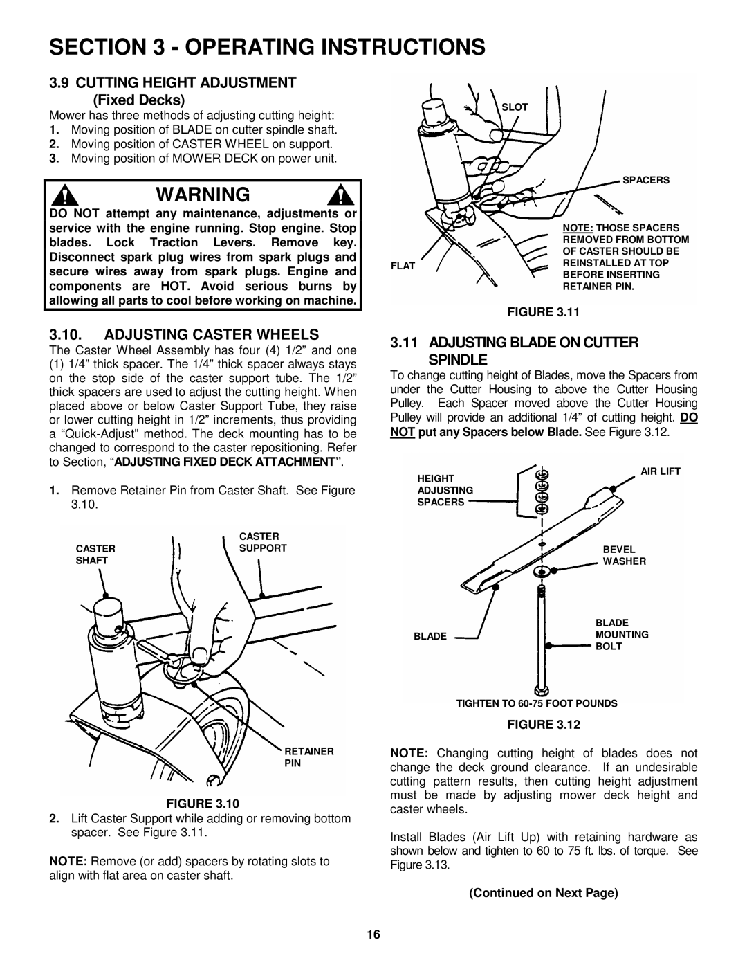 Snapper SPE481, SPEL150KH, SPE361 important safety instructions Adjusting Caster Wheels, Adjusting Blade on Cutter Spindle 