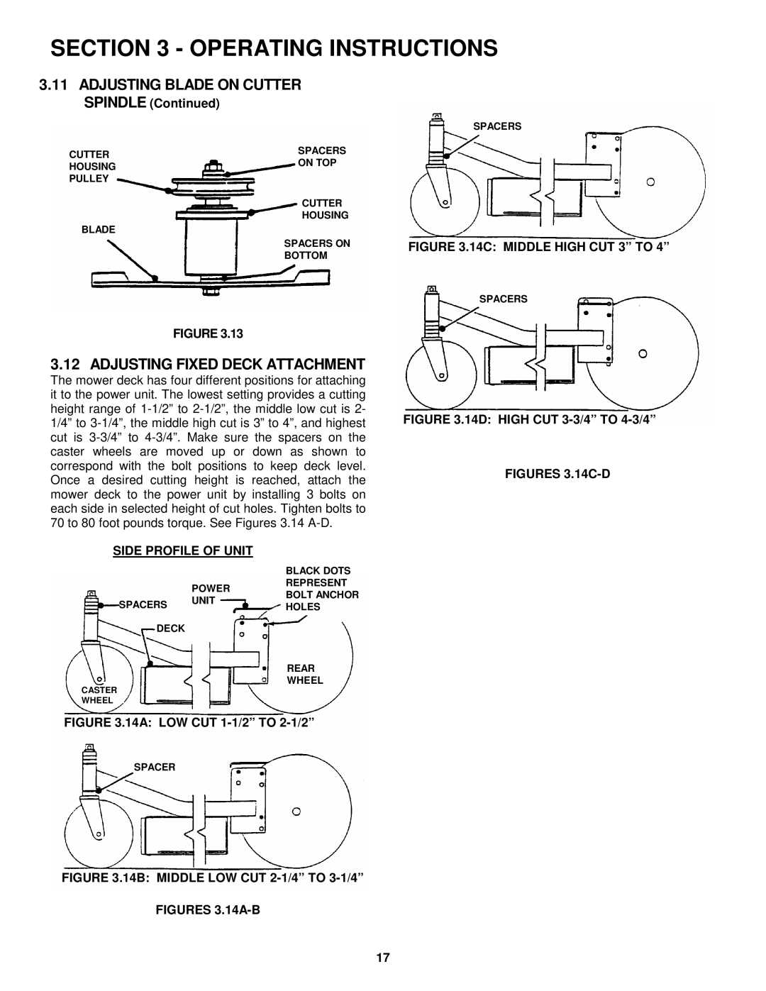 Snapper SPE361, SPEL150KH, SPE481 Adjusting Blade on Cutter, Adjusting Fixed Deck Attachment, Side Profile of Unit 