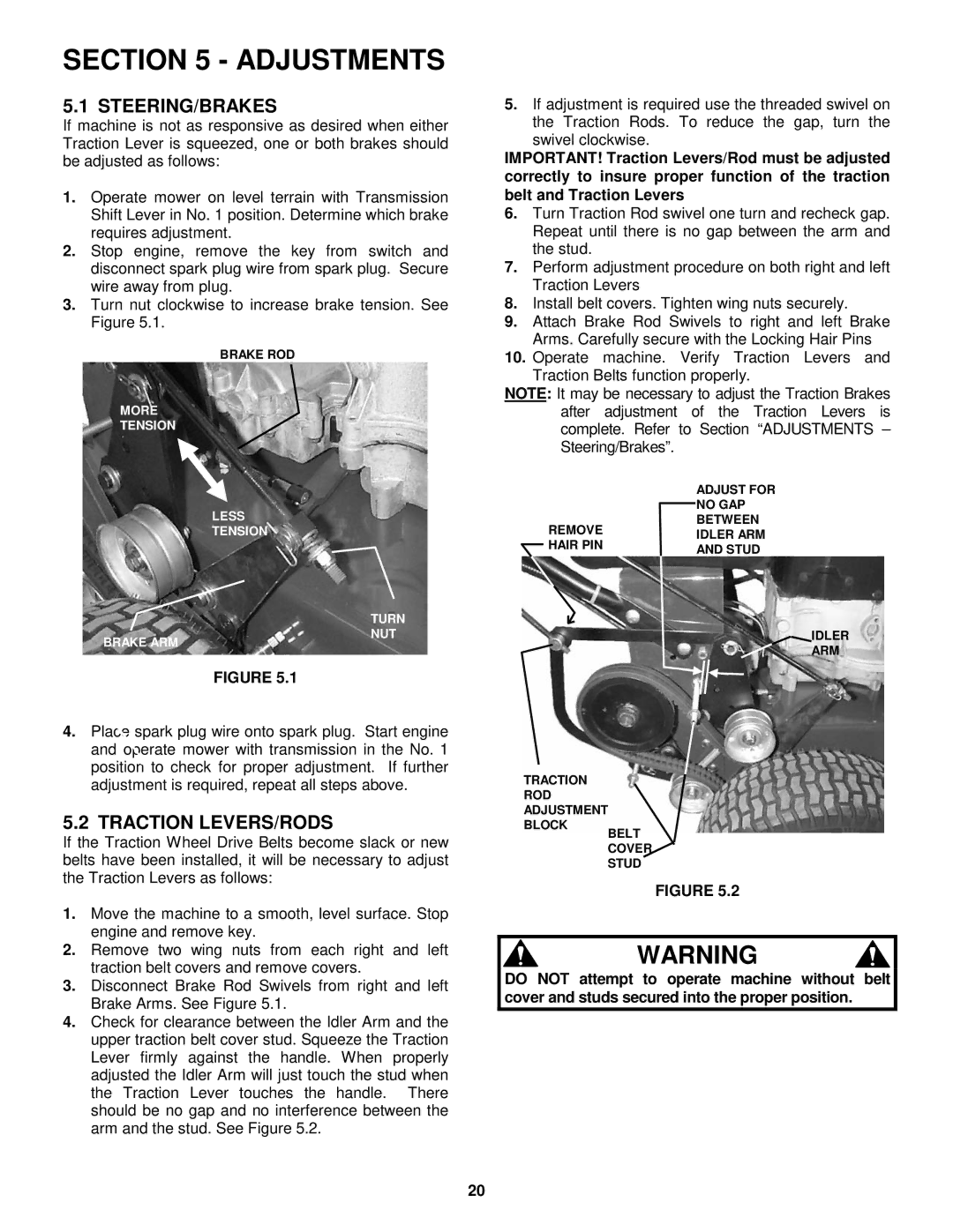 Snapper SPE361, SPEL150KH, SPE481 important safety instructions Adjustments, Steering/Brakes, Traction LEVERS/RODS 