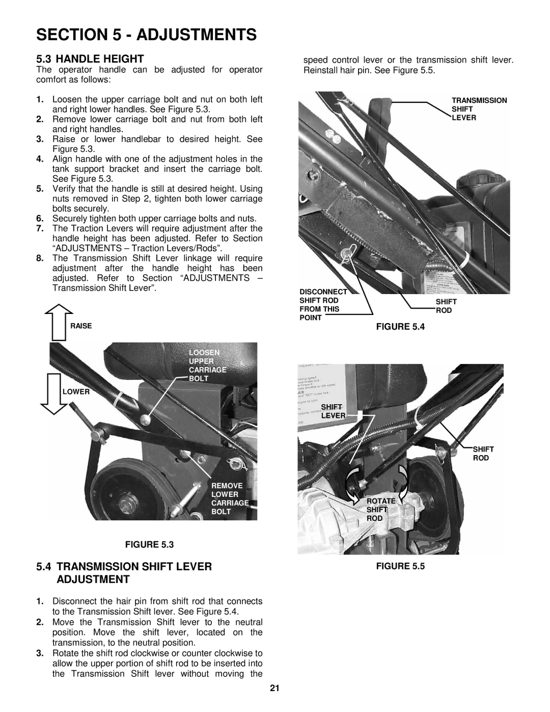 Snapper SPEL150KH, SPE481, SPE361 important safety instructions Handle Height, Transmission Shift Lever Adjustment 