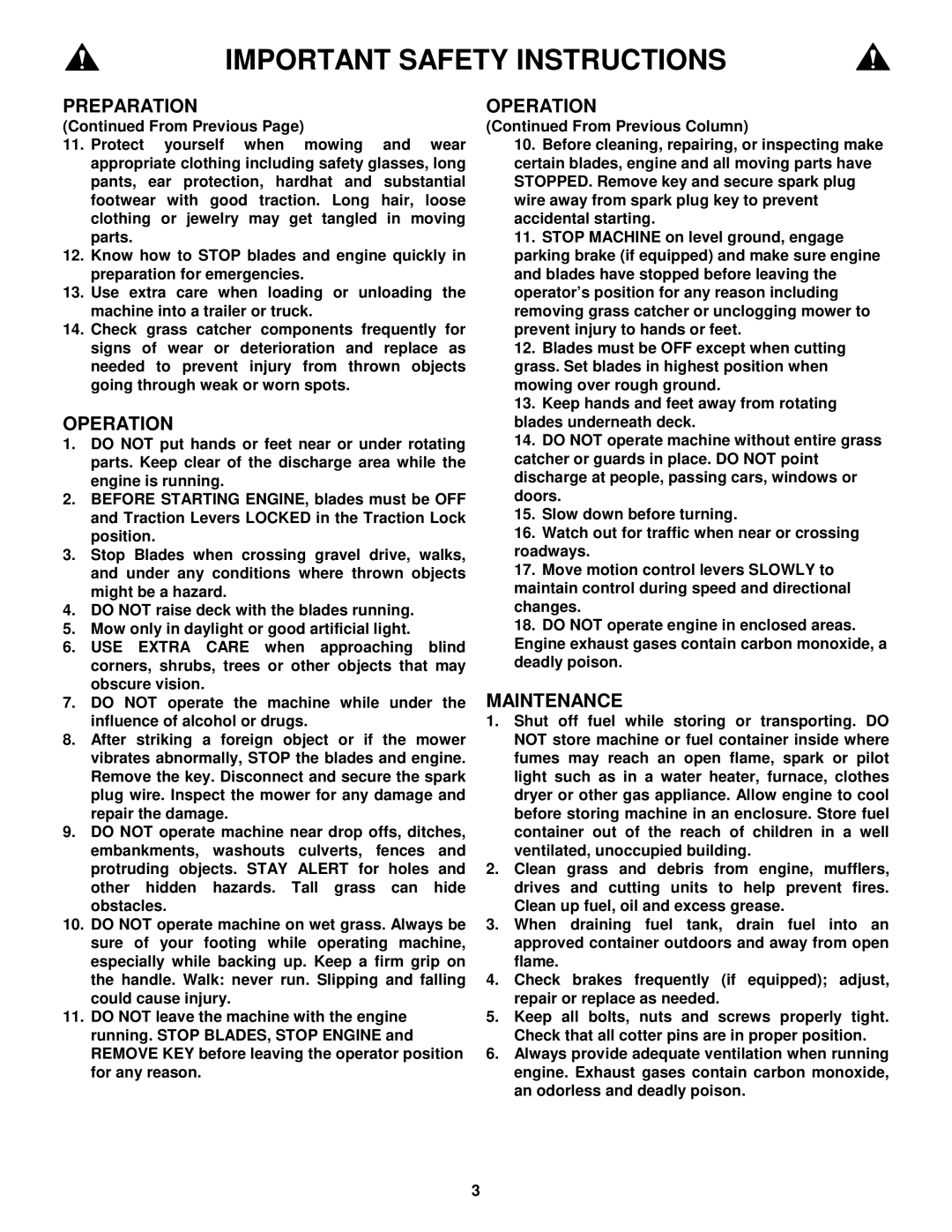 Snapper SPEL150KH, SPE481, SPE361 important safety instructions Operation, Maintenance 