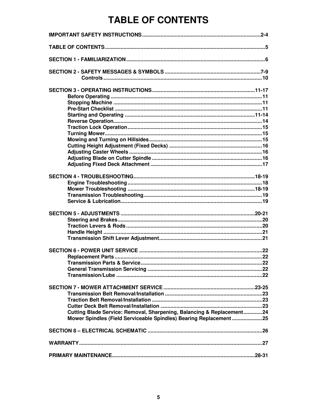 Snapper SPE361, SPEL150KH, SPE481 important safety instructions Table of Contents 