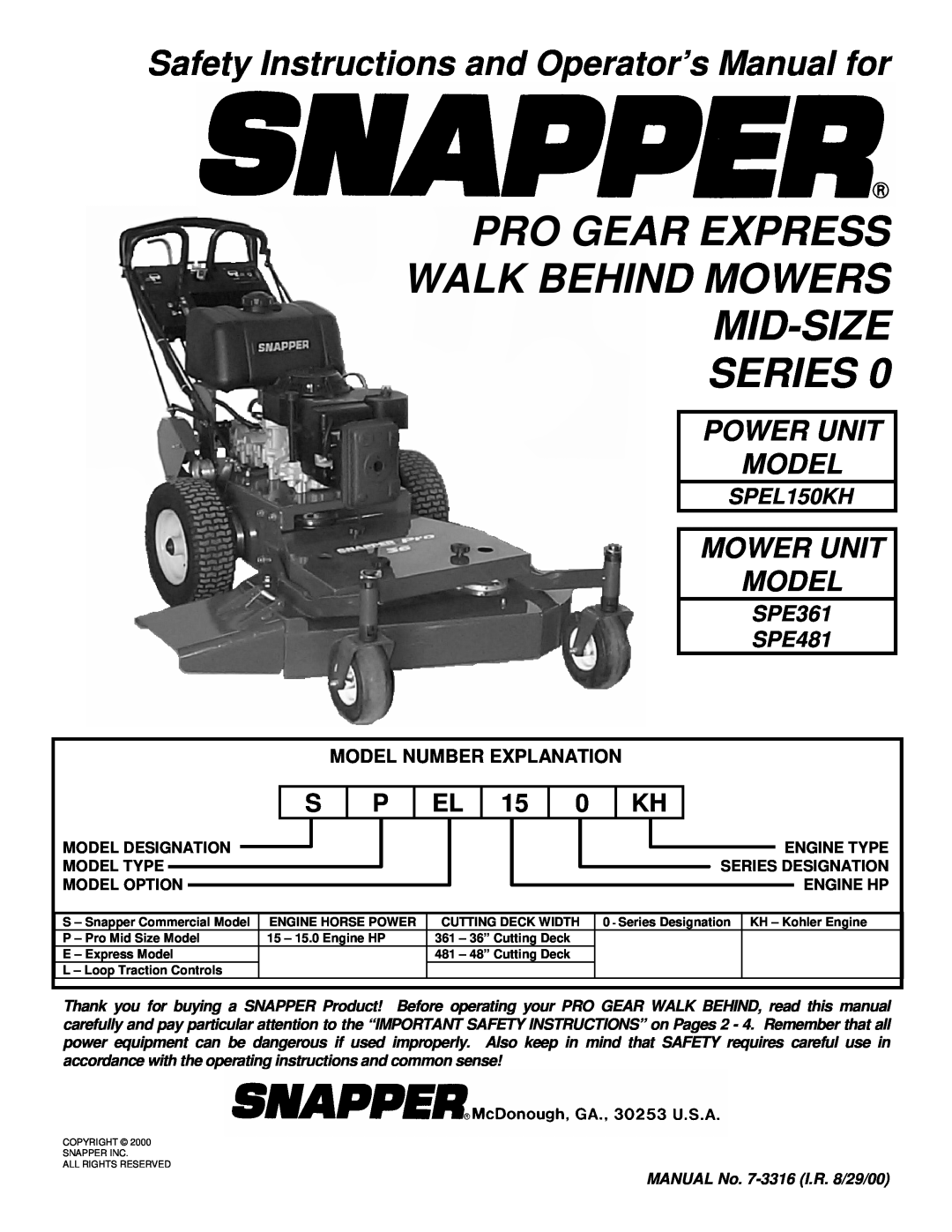 Snapper SPE481 important safety instructions Pro Gear Express Walk Behind Mowers Mid-Size Series, Model Number Explanation 