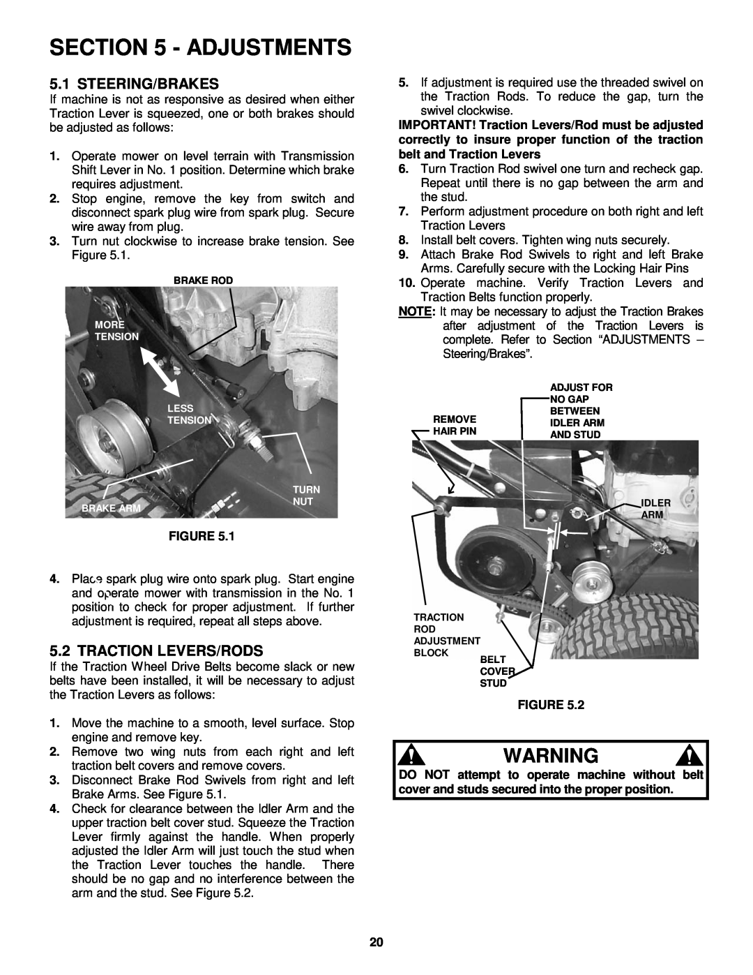 Snapper SPE361, SPEL150KH, SPE481 important safety instructions Adjustments, Steering/Brakes, Traction Levers/Rods 