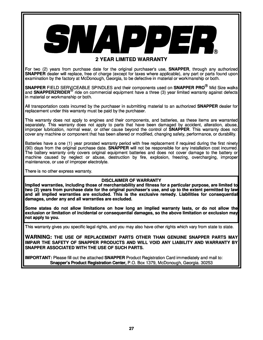 Snapper SPEL150KH, SPE481, SPE361 important safety instructions Year Limited Warranty 