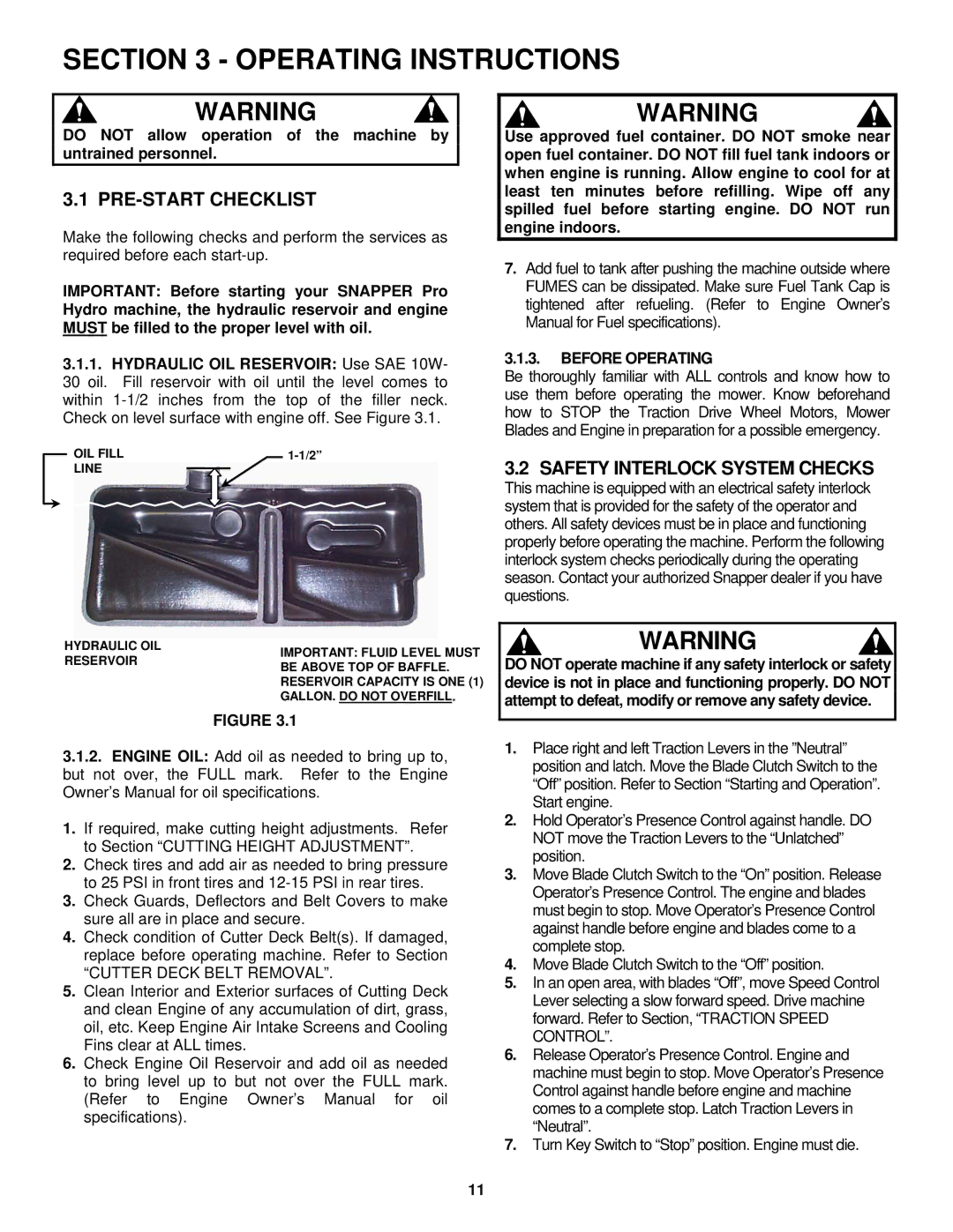 Snapper SPLH152KW, SPLH172KW, SPA361, SPA481, SPA521, SPA611 Operating Instructions, PRE-START Checklist, Before Operating 