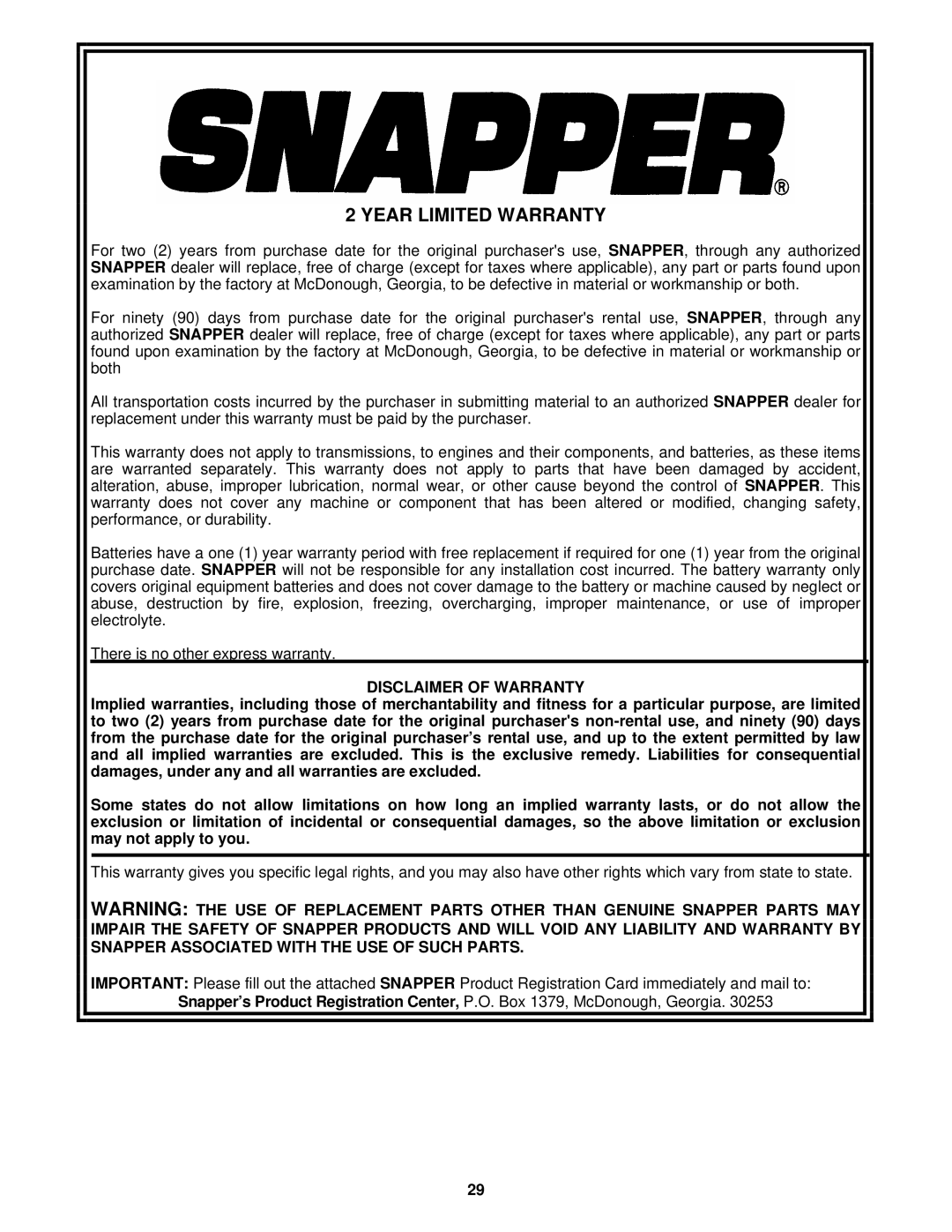 Snapper SPLH152KW, SPLH172KW, SPA361, SPA481, SPA521, SPA611 Year Limited Warranty, Disclaimer of Warranty 