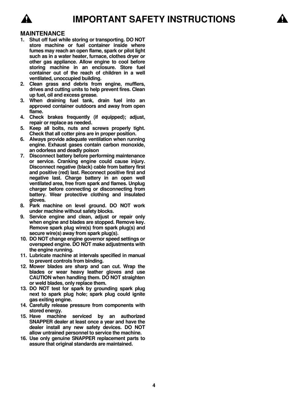 Snapper SPLH152KW, SPLH172KW, SPA361, SPA481, SPA521, SPA611 important safety instructions Maintenance 