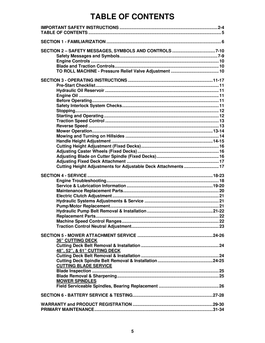 Snapper SPLH152KW, SPLH172KW, SPA361, SPA481, SPA521, SPA611 important safety instructions Table of Contents 