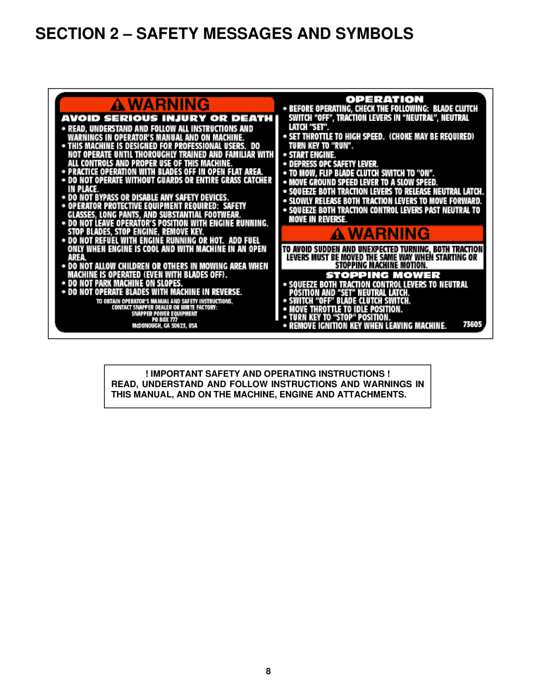 Snapper SPLH152KW, SPLH172KW, SPA361, SPA481, SPA521, SPA611 important safety instructions Safety Messages and Symbols 