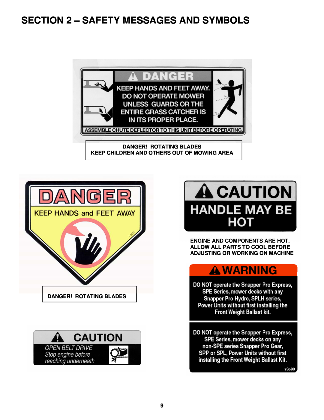 Snapper SPLH152KW, SPLH172KW, SPA361, SPA481, SPA521, SPA611 Safety Messages And Symbols, Danger! Rotating Blades 