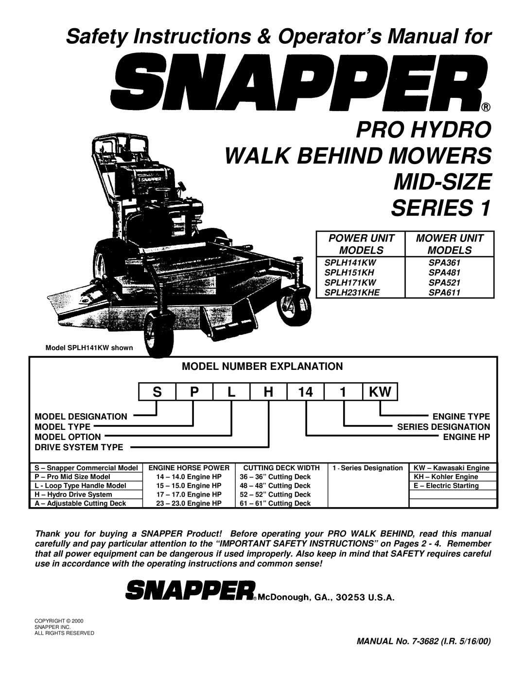 Snapper SPLH141KW, SPLH151KH, SPLH171KW, SPLH231KHE, SPA361, SPA481, SPA521, SPA611 important safety instructions 