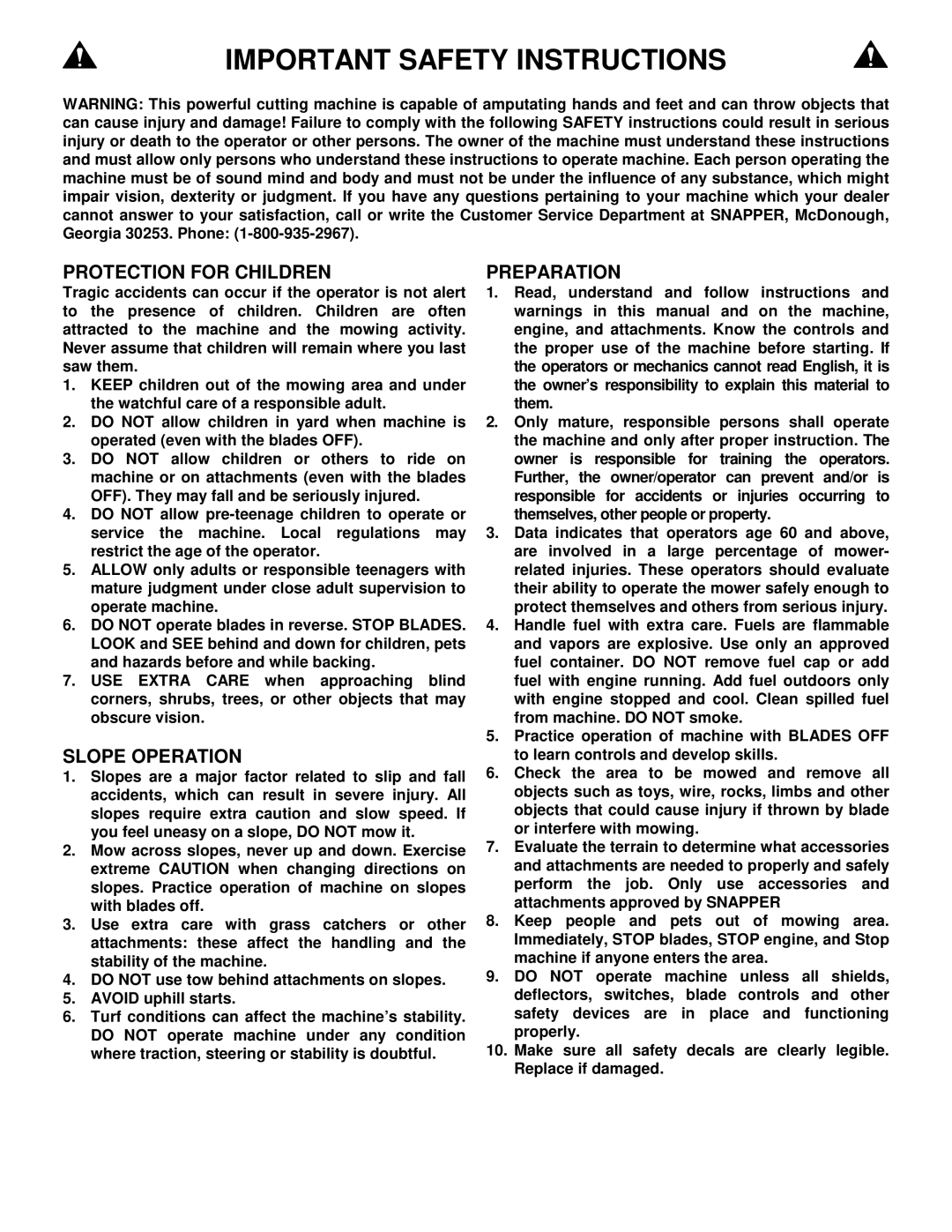 Snapper SPLH171KW, SPLH151KH, SPLH231KHE, SPA361, SPA481, SPA521, SPA611 Important Safety Instructions, Slope Operation 