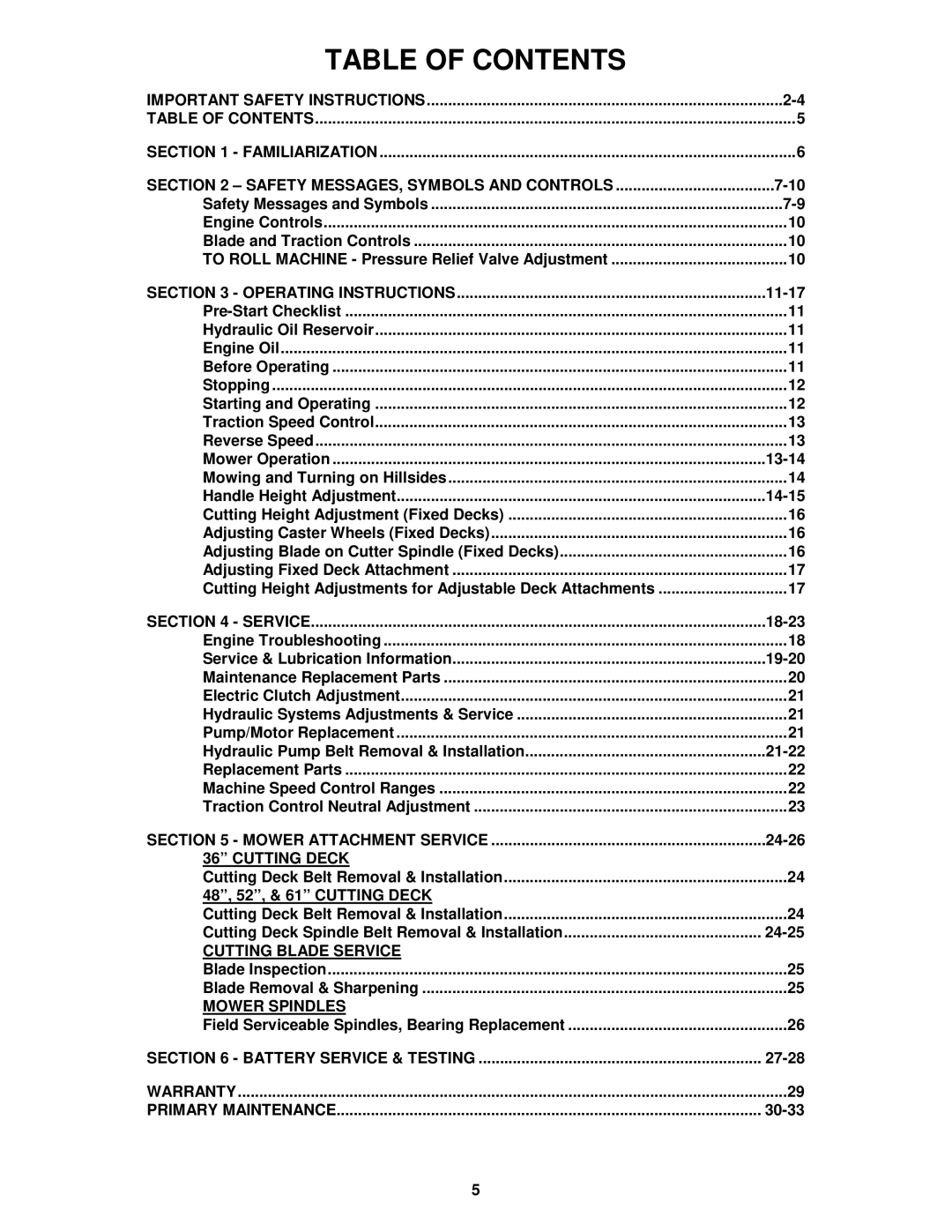 Snapper SPLH141KW, SPLH151KH, SPLH171KW, SPLH231KHE, SPA361, SPA481, SPA521, SPA611 Table of Contents 