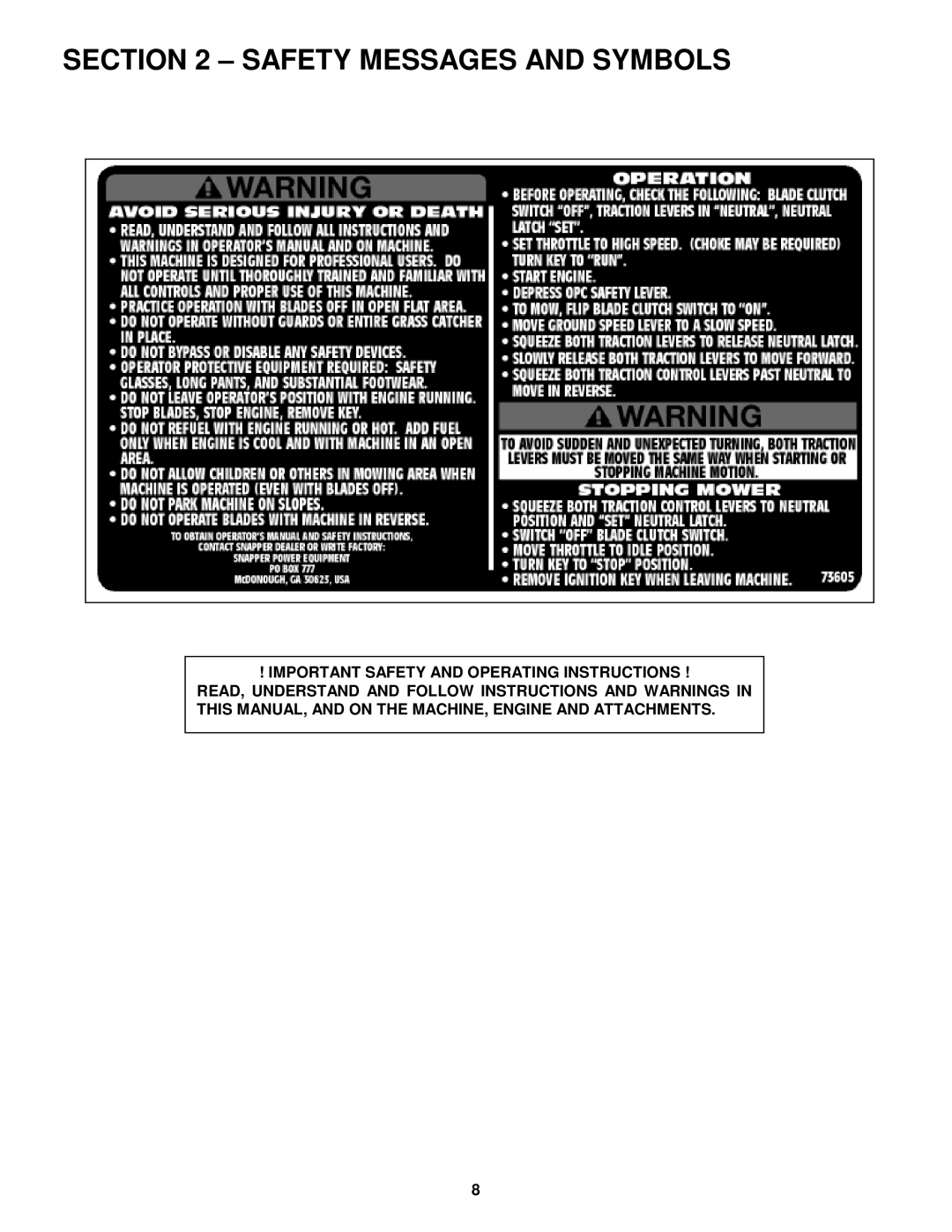 Snapper SPLH141KW, SPLH151KH, SPLH171KW, SPLH231KHE, SPA361, SPA481, SPA521, SPA611 Safety Messages and Symbols 