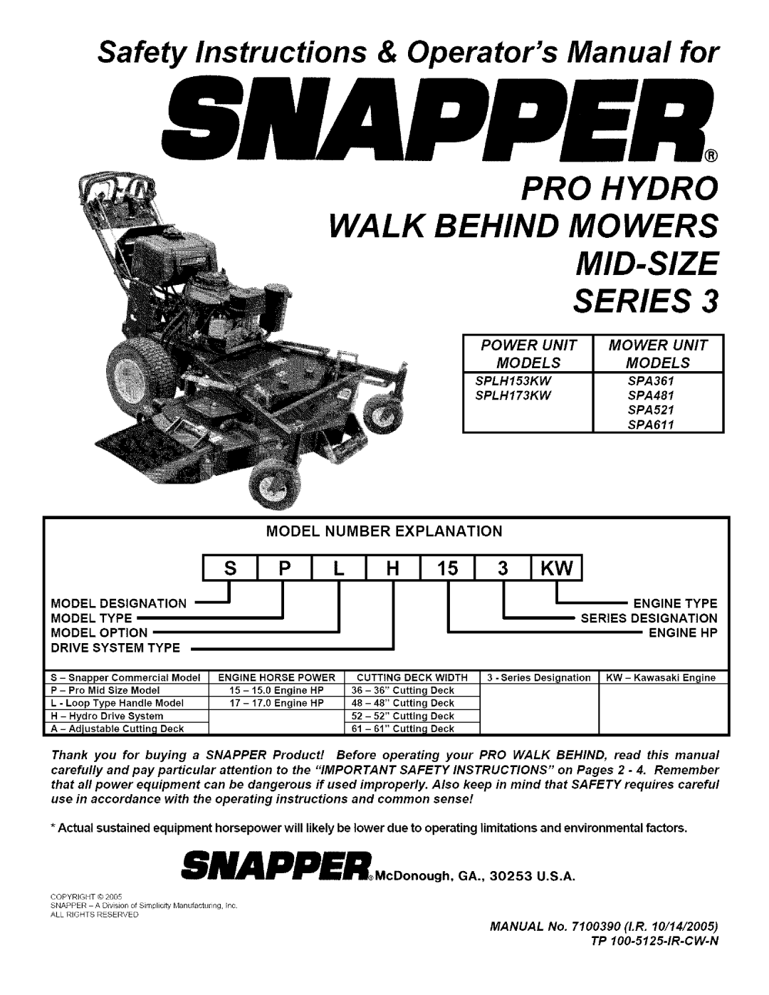 Snapper SPLHI53KW important safety instructions PRO Hydro Walk Behind Mowers MID-SIZE Series, Model Number Explanation 