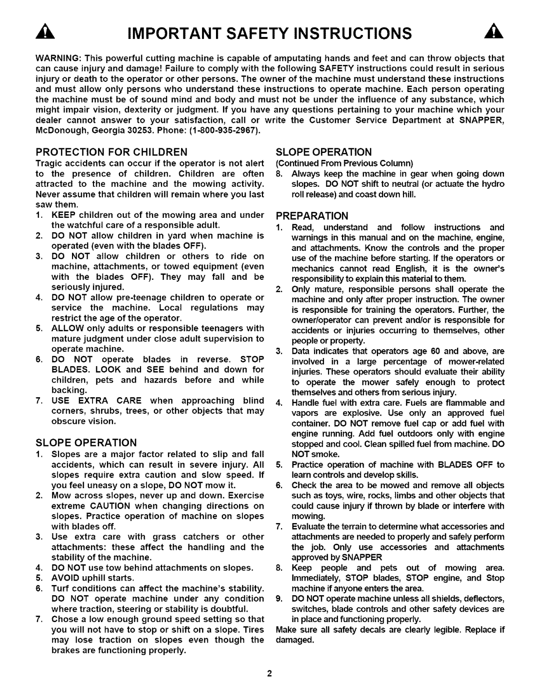 Snapper SPLHI53KW Important Safety Instructions, Preparation, McDonough, Georgia 30253. Phone, Protection for Children 