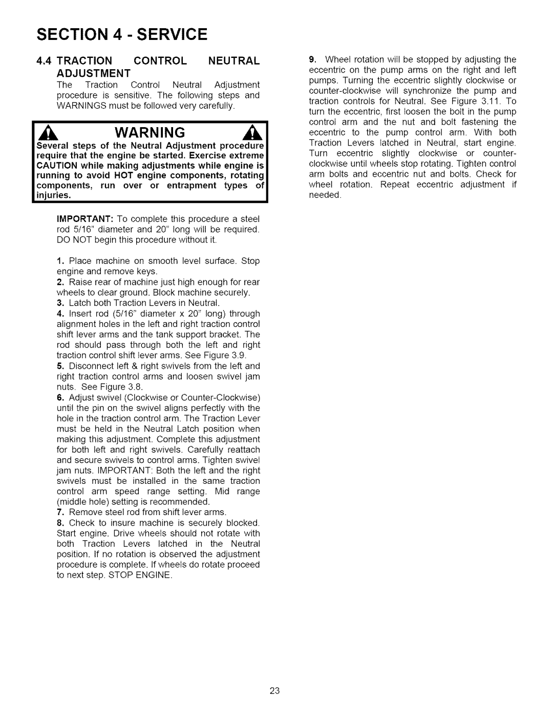 Snapper SPLHI53KW important safety instructions Traction Control Neutral, Adjustment 