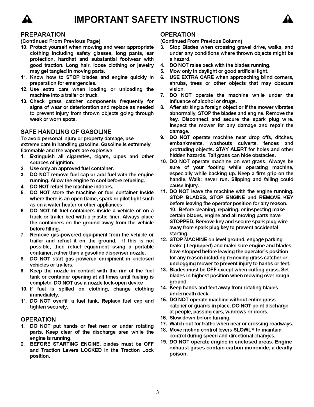 Snapper SPLHI53KW Operation, Preparation, Safe Handling of Gasoline, Do not raise deck with the blades running 