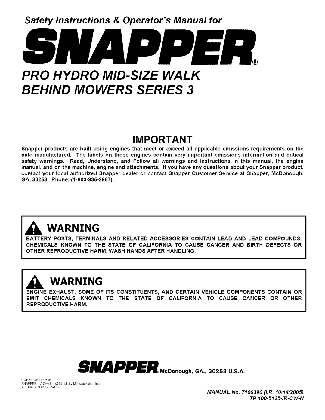 Snapper SPLHI53KW important safety instructions PRO Hydro MID-SIZE Walk Behind Mowers Series 