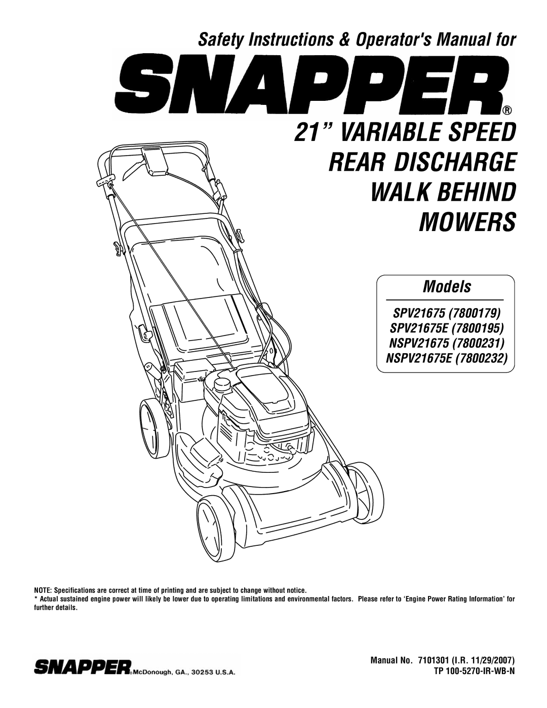 Snapper SPV21675, SPV21675E, NSPV21675, NSPV21675E specifications Variable Speed Rear Discharge Walk Behind Mowers 