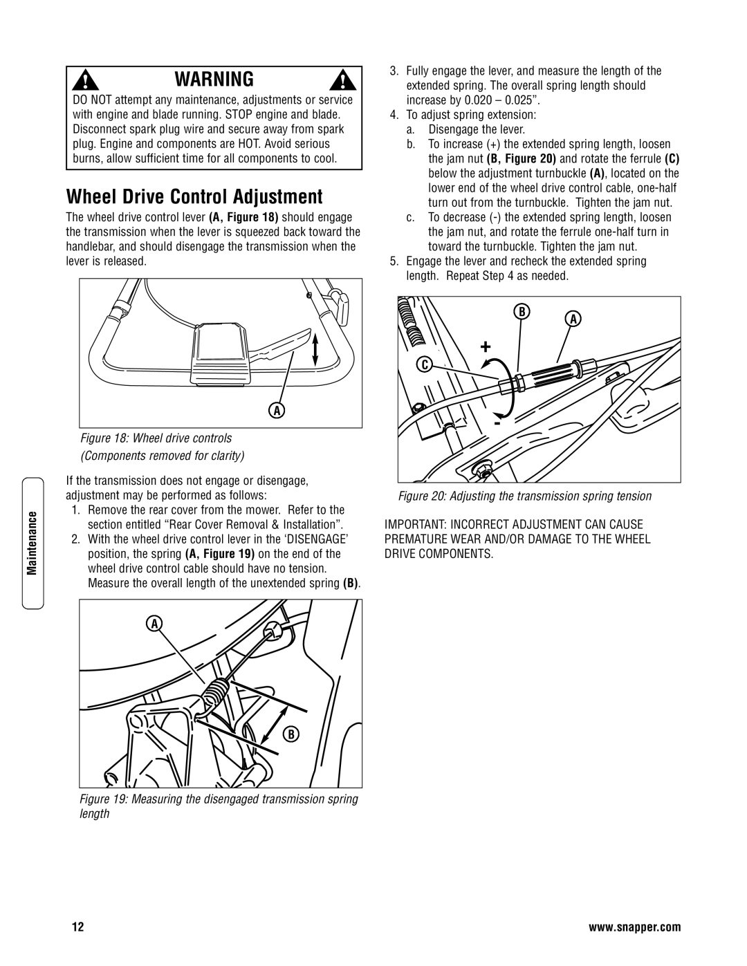 Snapper SPV21675, SPV21675E, NSPV21675, NSPV21675E specifications Wheel Drive Control Adjustment 