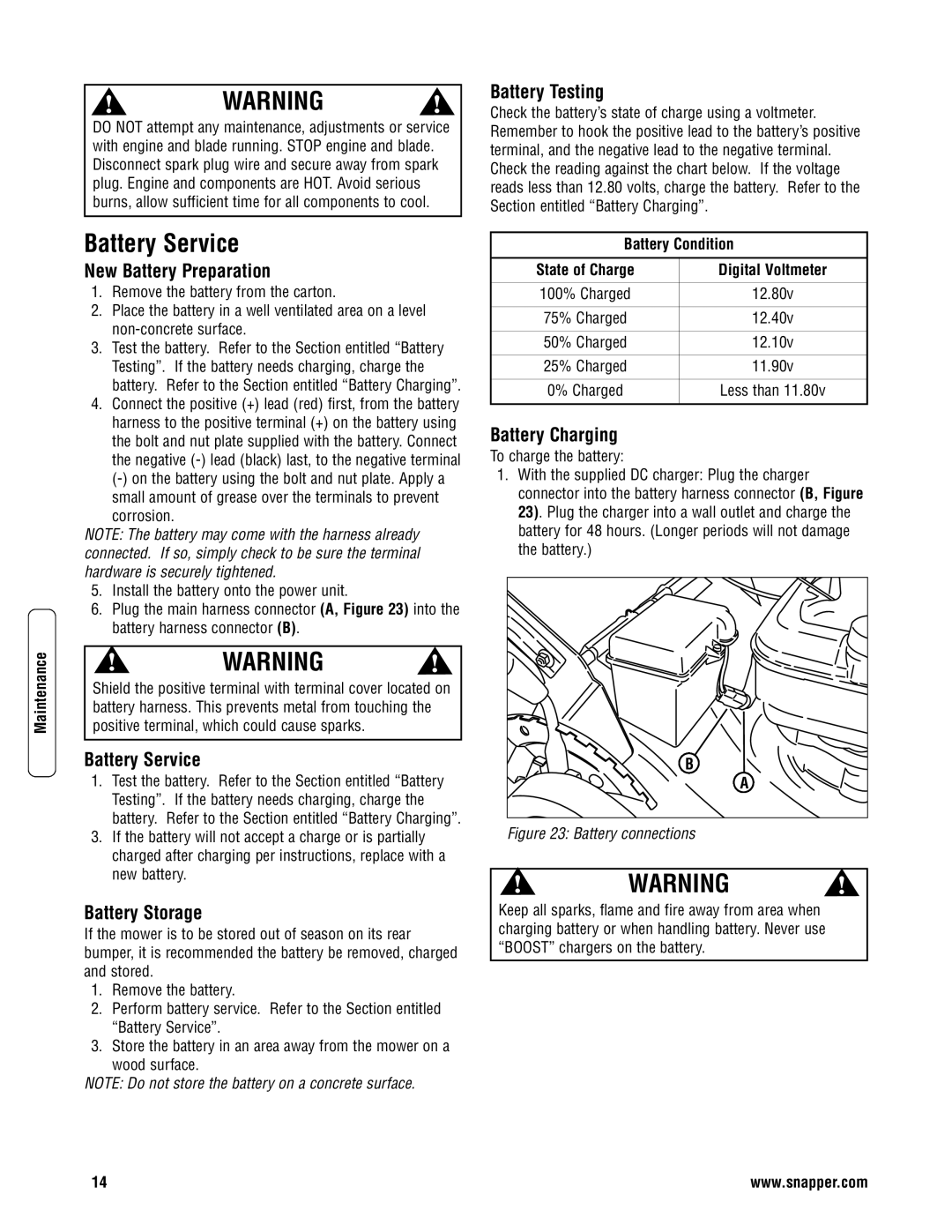 Snapper SPV21675, SPV21675E, NSPV21675, NSPV21675E specifications Battery Service 