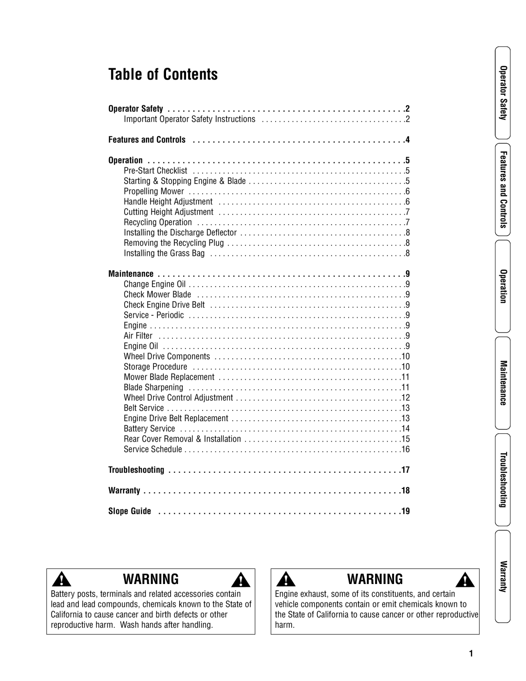 Snapper SPV21675, SPV21675E, NSPV21675, NSPV21675E specifications Table of Contents 