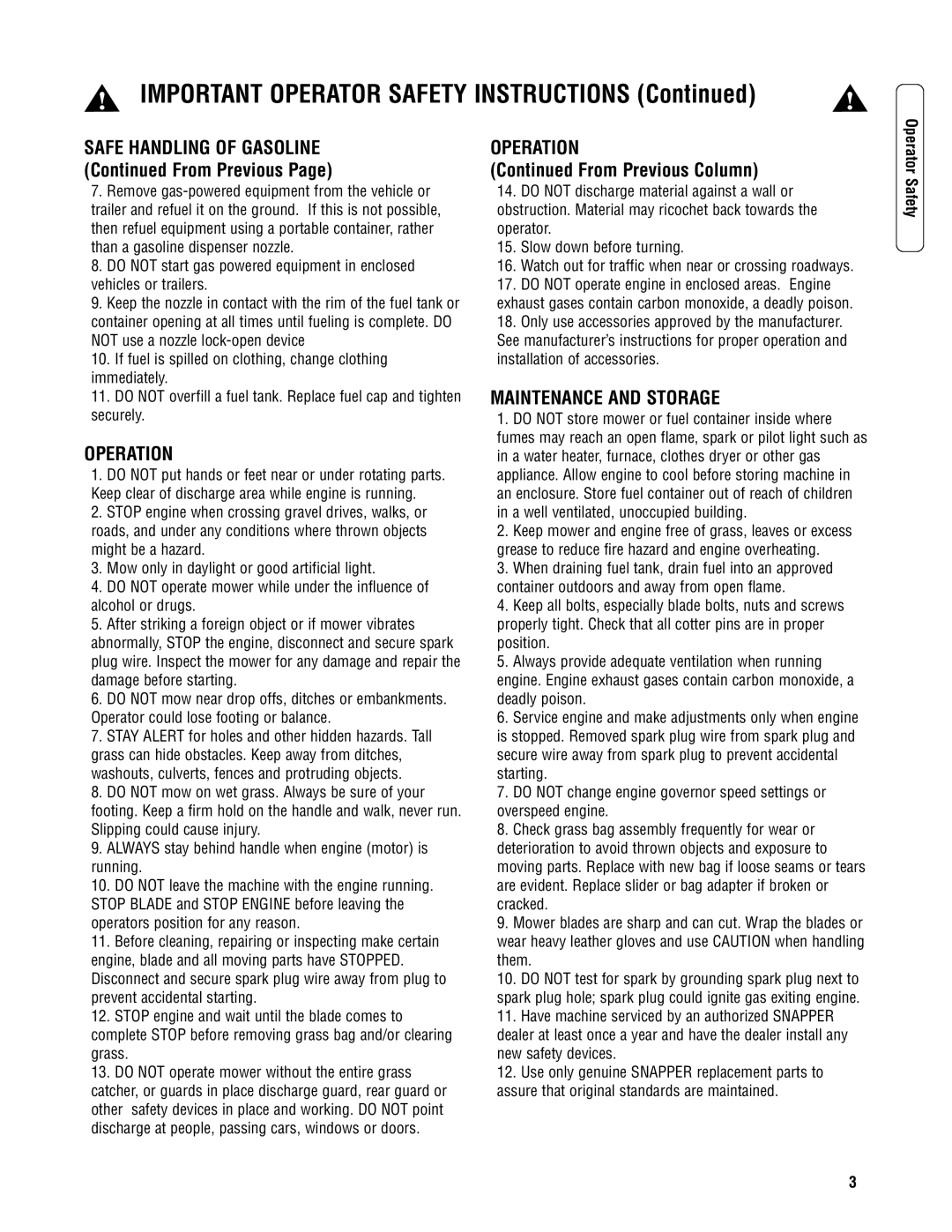 Snapper SPV21675, SPV21675E, NSPV21675, NSPV21675E specifications Operation, Maintenance and Storage 