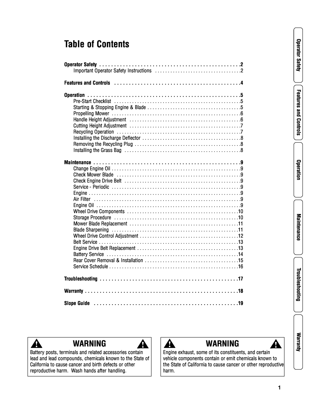 Snapper SPV21675, SPV21675E, NSPV21675, NSPV21675E Table of Contents, Operator Safety, Features and Controls Operation 
