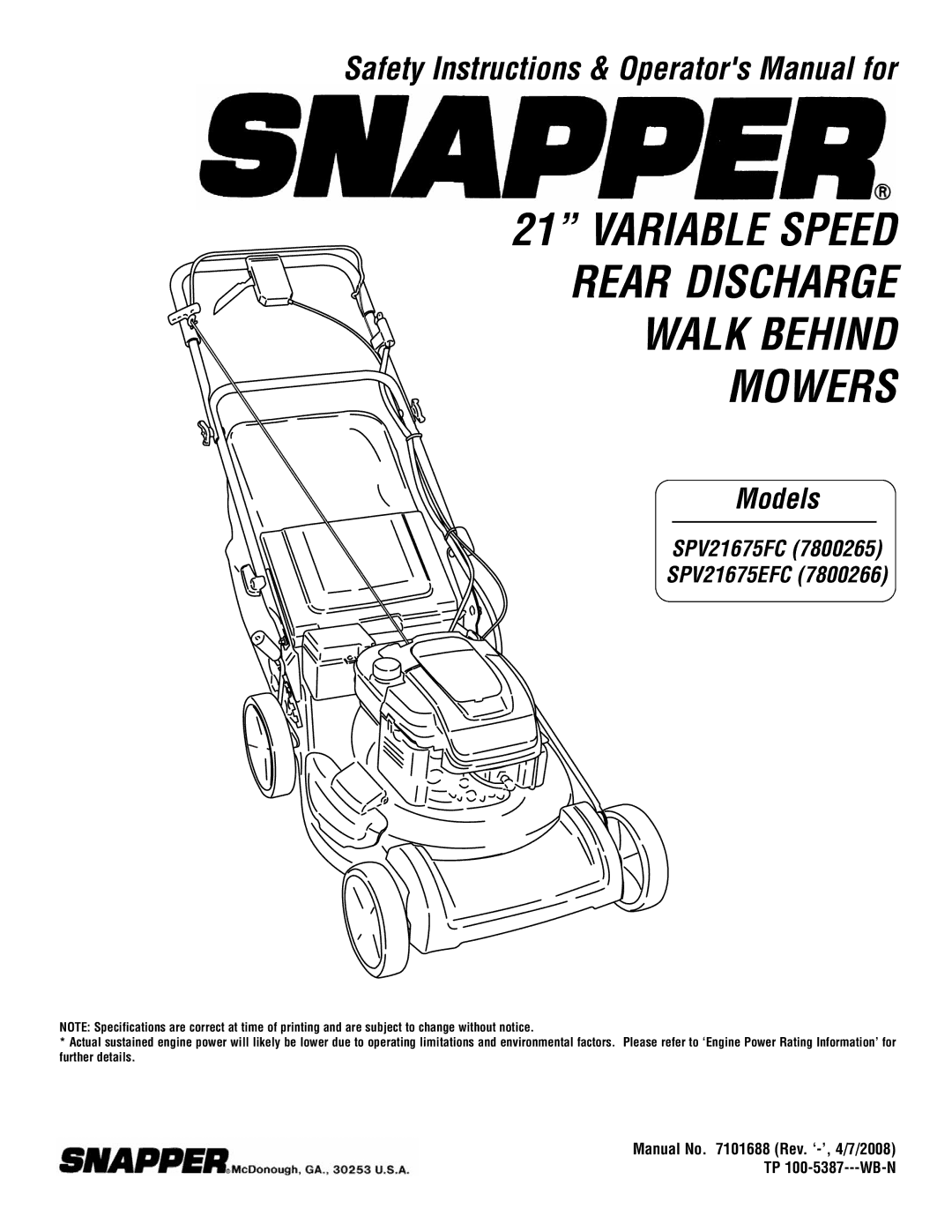 Snapper SPV21675EFC (7800266), SPV21675FC (7800265) specifications Variable Speed Rear Discharge Walk Behind Mowers 