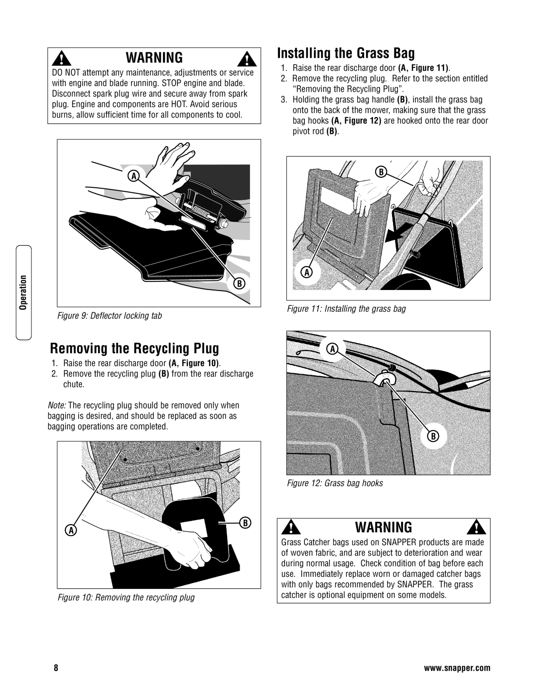 Snapper SPV21675FC, SPV21675EFC specifications Removing the Recycling Plug, Installing the Grass Bag 