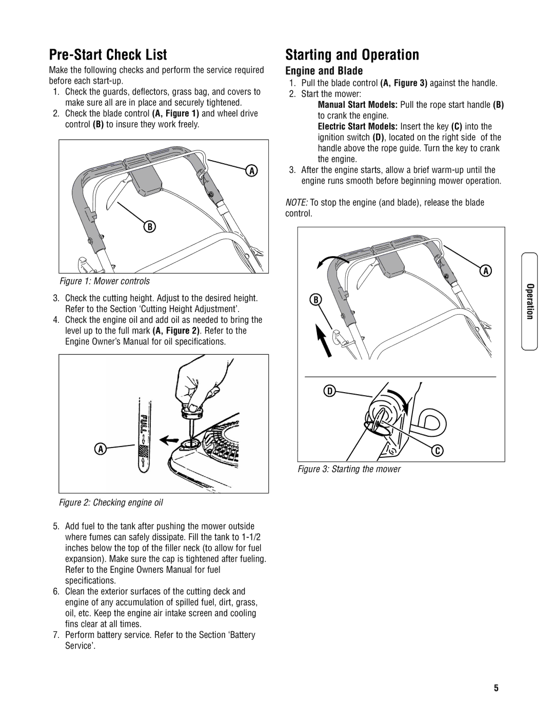 Snapper SPV21675EFC (7800266), SPV21675FC (7800265) Pre-Start Check List, Starting and Operation, Engine and Blade 