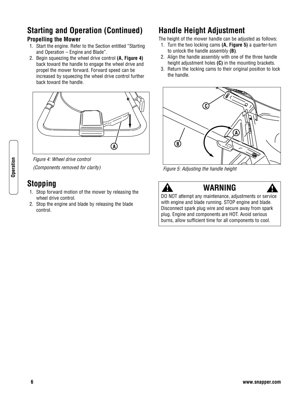 Snapper SPV21675FC, SPV21675EFC specifications Handle Height Adjustment, Stopping, Propelling the Mower 