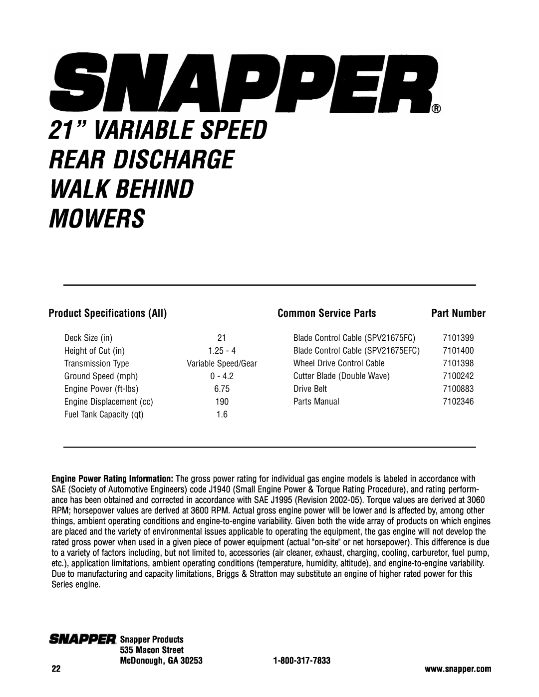 Snapper SPV21675FC, SPV21675EFC Common Service Parts, 21” VARIABLE SPEED REAR DISCHARGE WALK BEHIND MOWERS, Part Number 