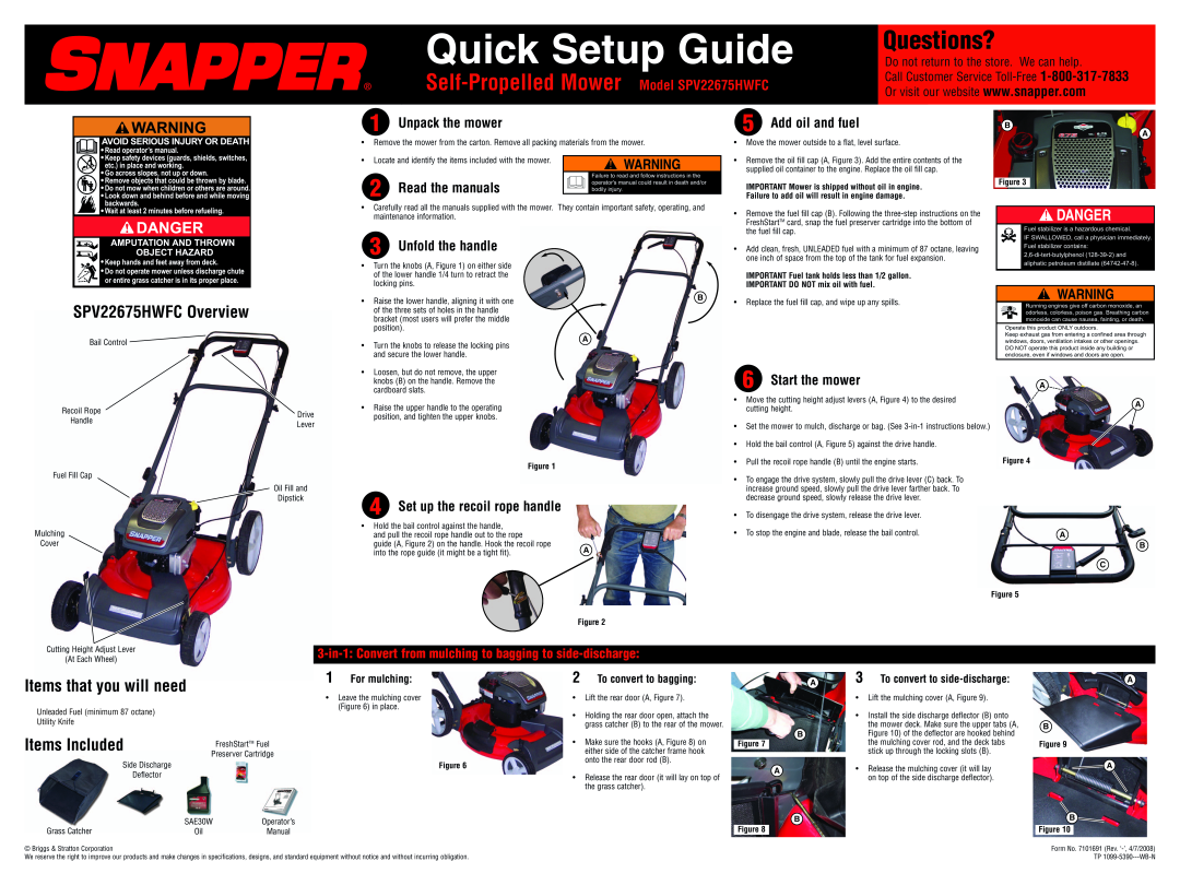 Snapper SPV22675HWFC setup guide Questions?, Read the manuals, Unfold the handle, Set up the recoil rope handle, Danger 