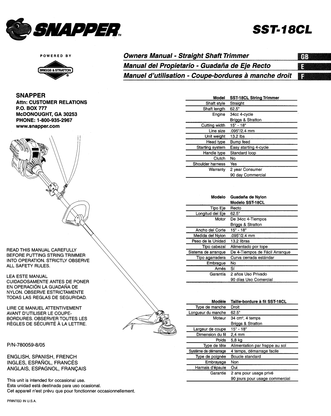 Snapper SST-18CL manual 