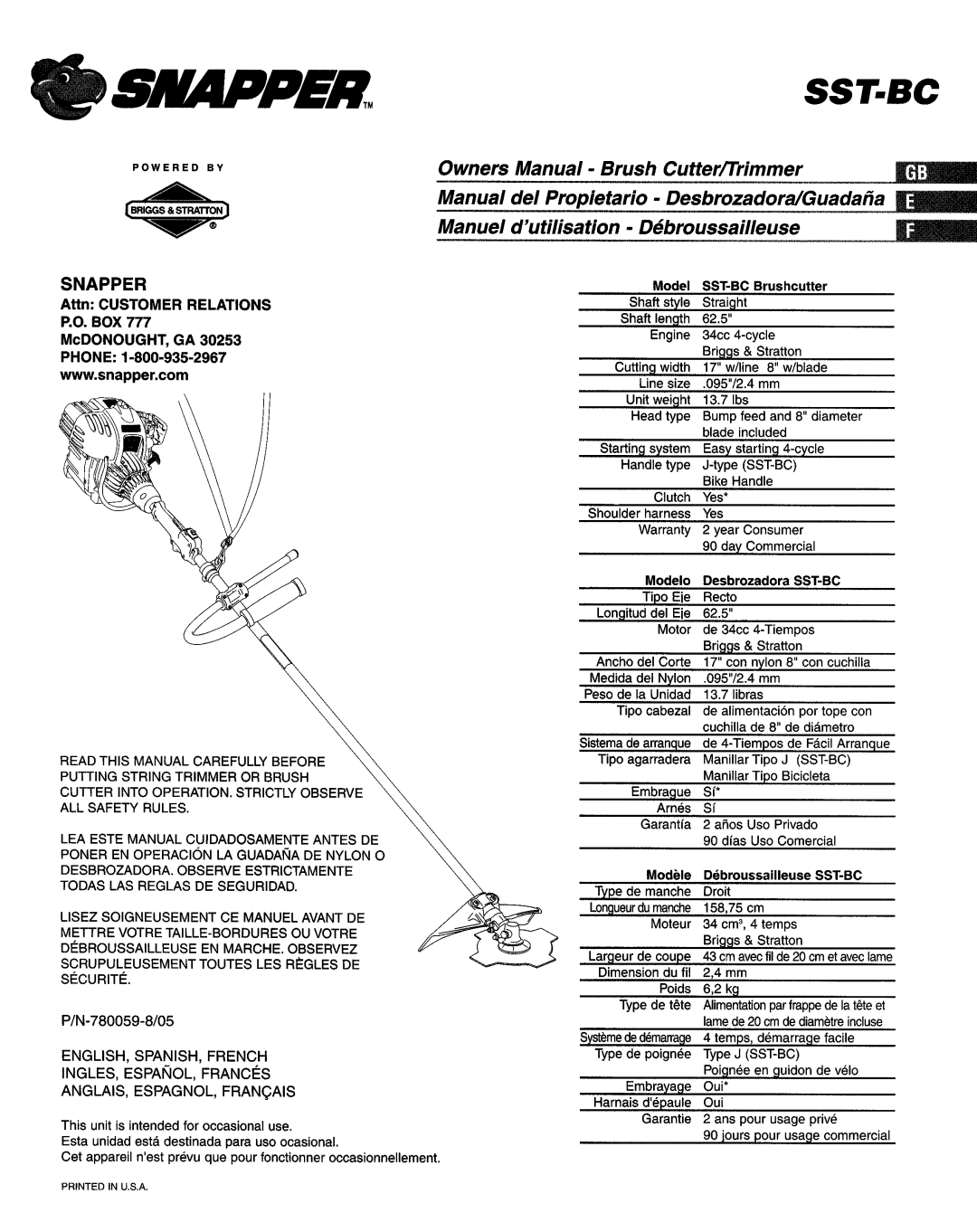 Snapper SST-BC manual 