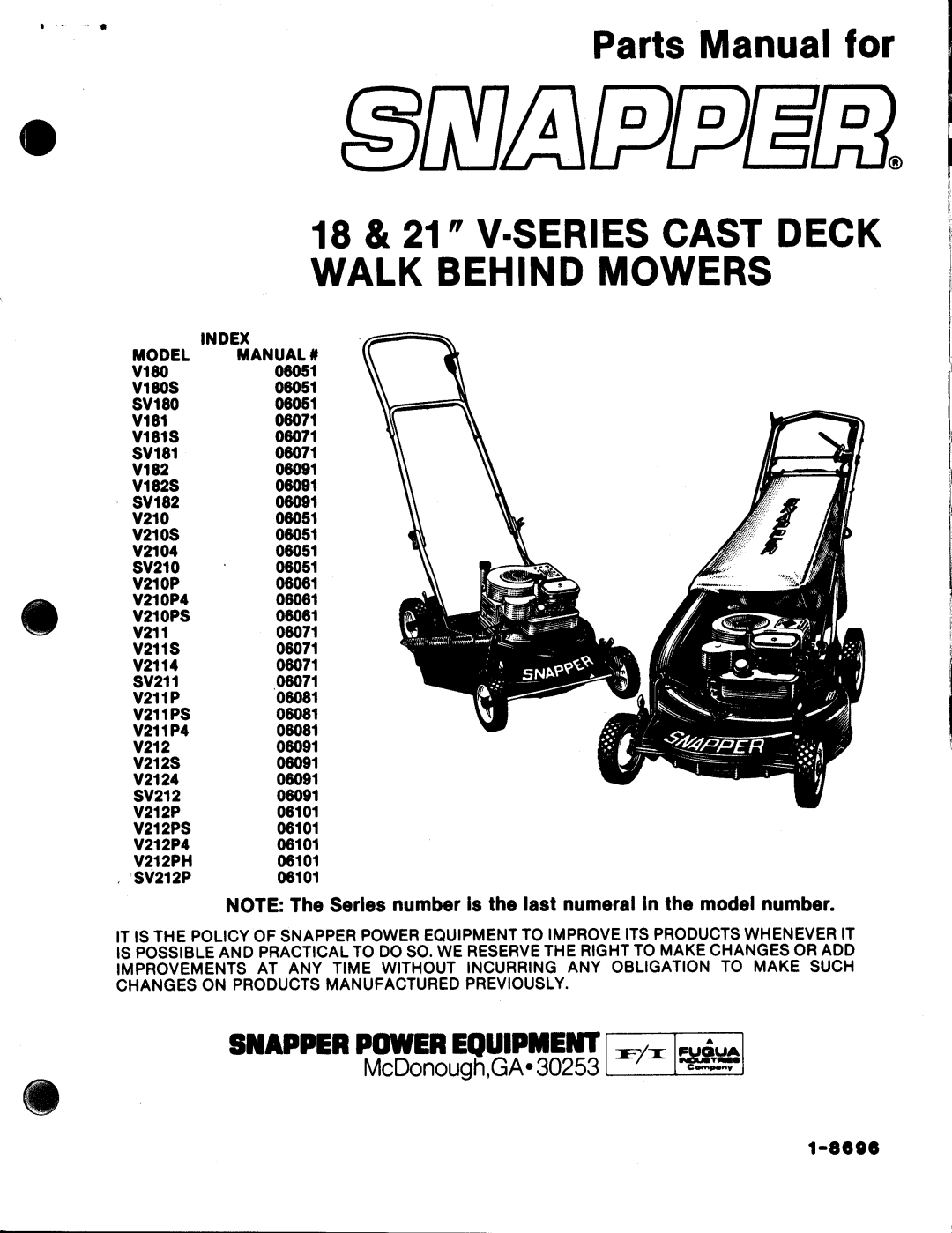 Snapper SV180, SV212P, SV210, SV182, SV211, SV181, V210S, V212PH, V210PS, V211P4, V212P4, V211PS, V2124, V212S, V180S, V212PS manual 