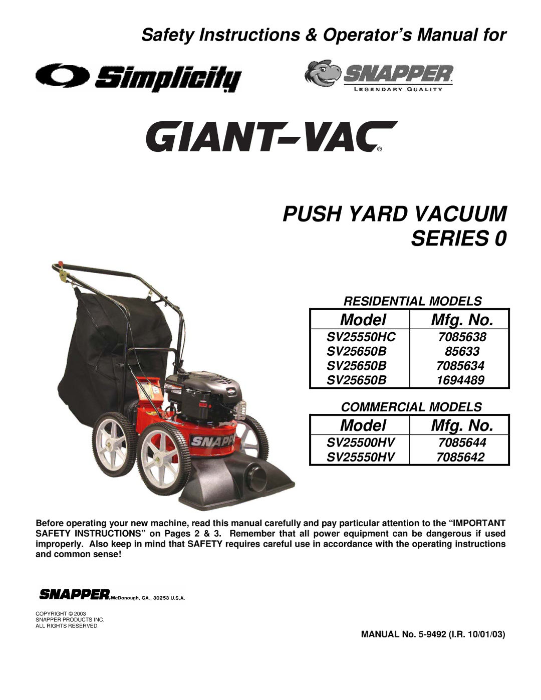 Snapper SV25550HC, SV25650B, SV25500HV, SV25550HV important safety instructions Push Yard Vacuum Series 