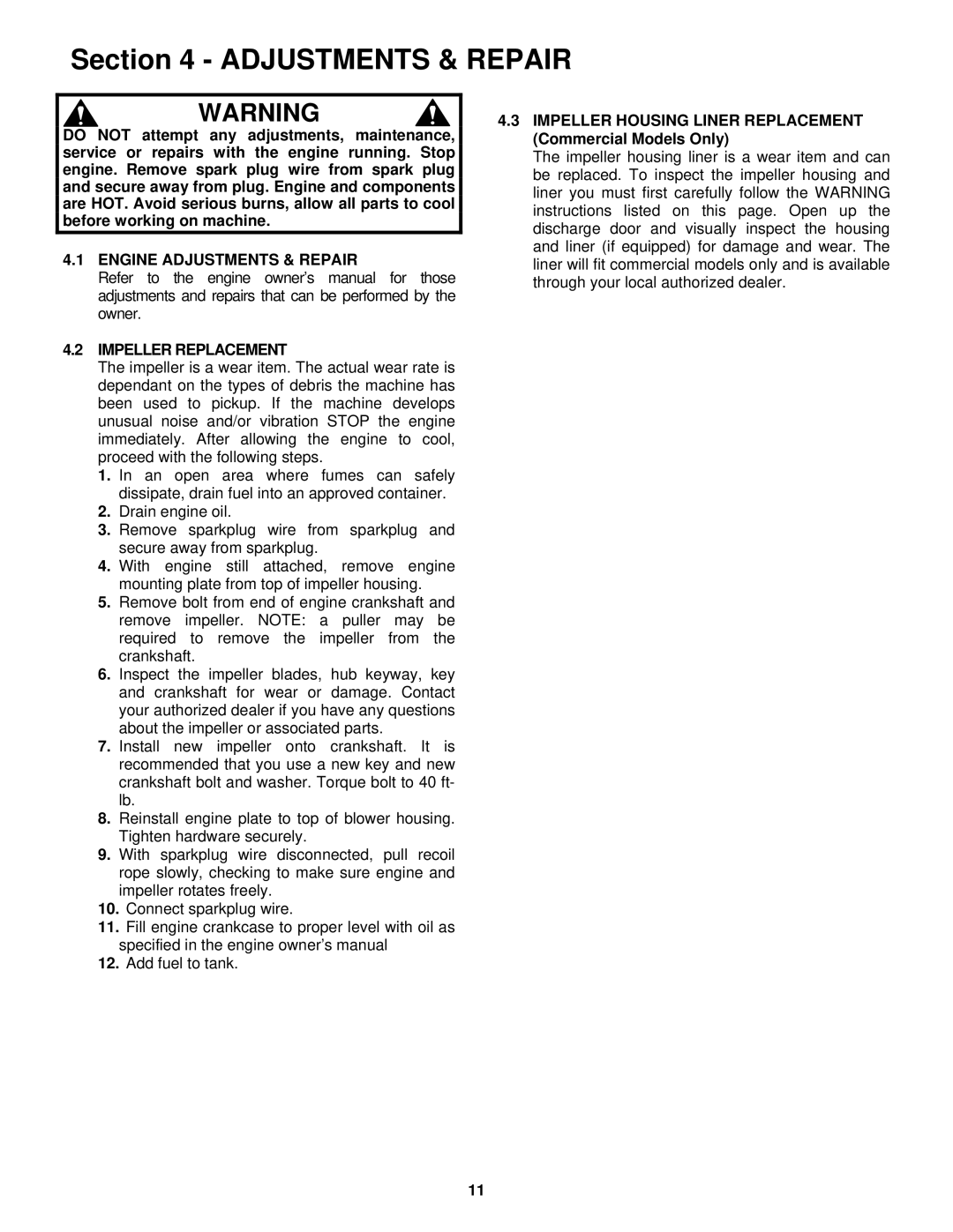 Snapper SV25550HC, SV25650B, SV25500HV, SV25550HV Engine Adjustments & Repair Impeller Replacement 