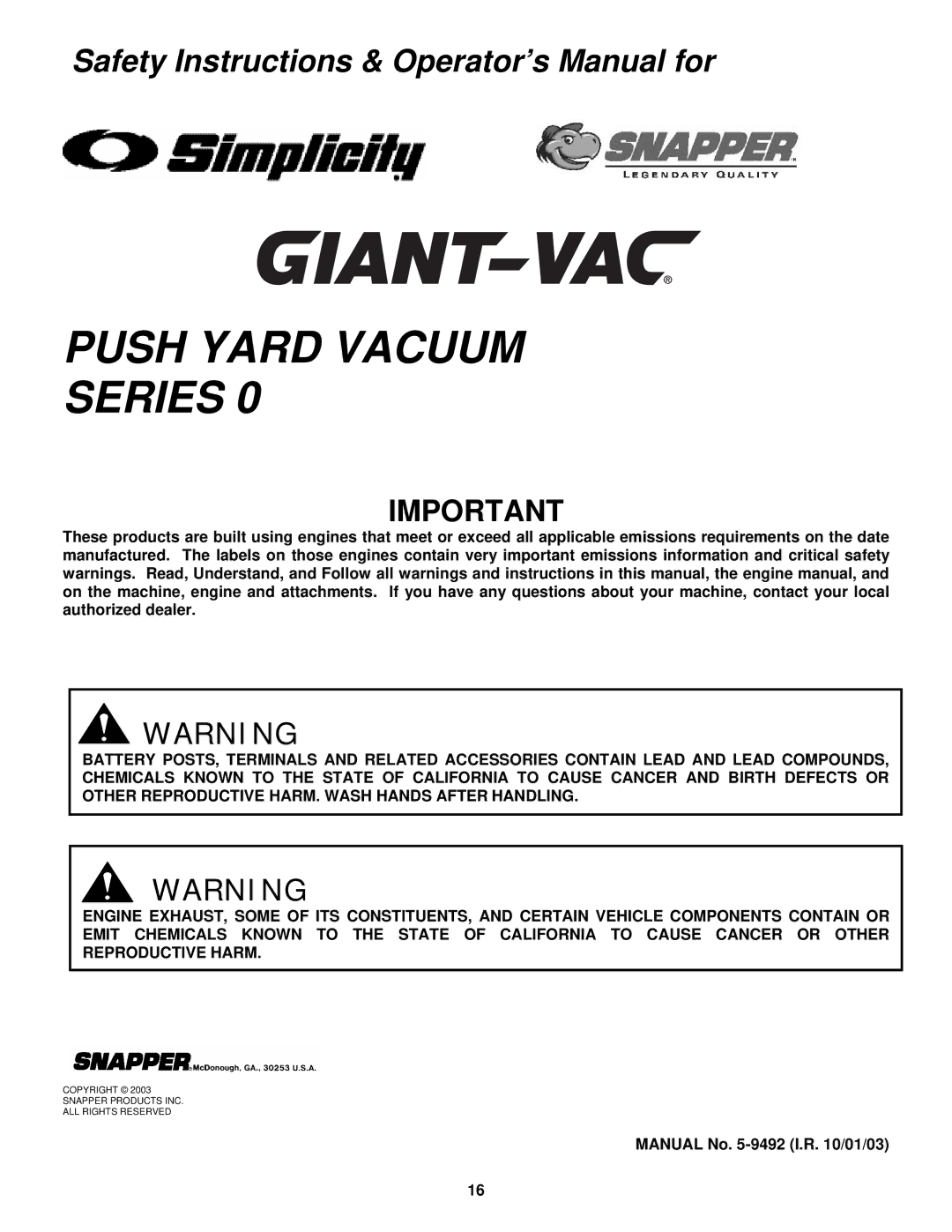 Snapper SV25550HC, SV25650B, SV25500HV, SV25550HV important safety instructions Push Yard Vacuum Series 