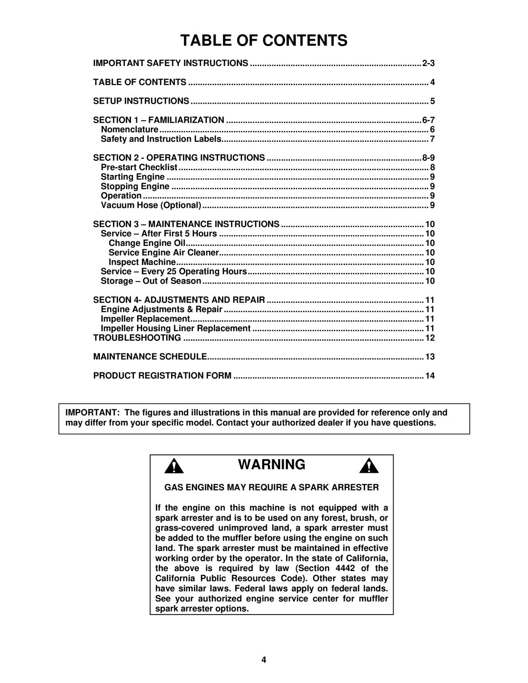 Snapper SV25550HC, SV25650B, SV25500HV, SV25550HV important safety instructions Table of Contents 