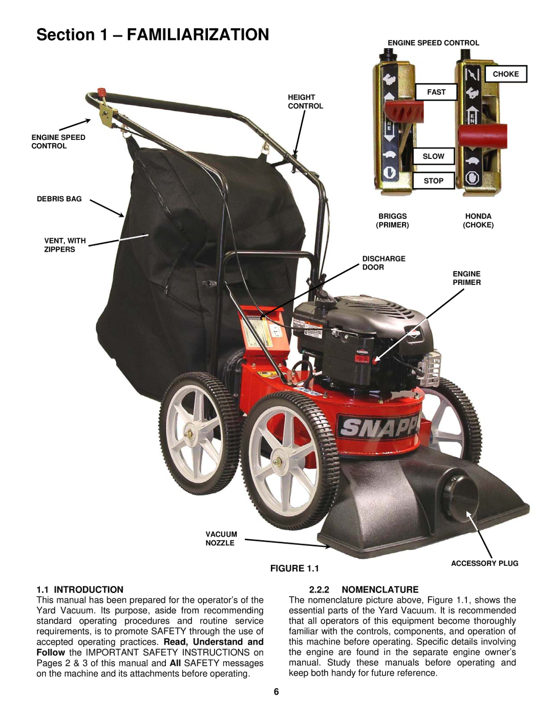 Snapper SV25550HC, SV25650B, SV25500HV, SV25550HV important safety instructions Familiarization, Introduction, Nomenclature 