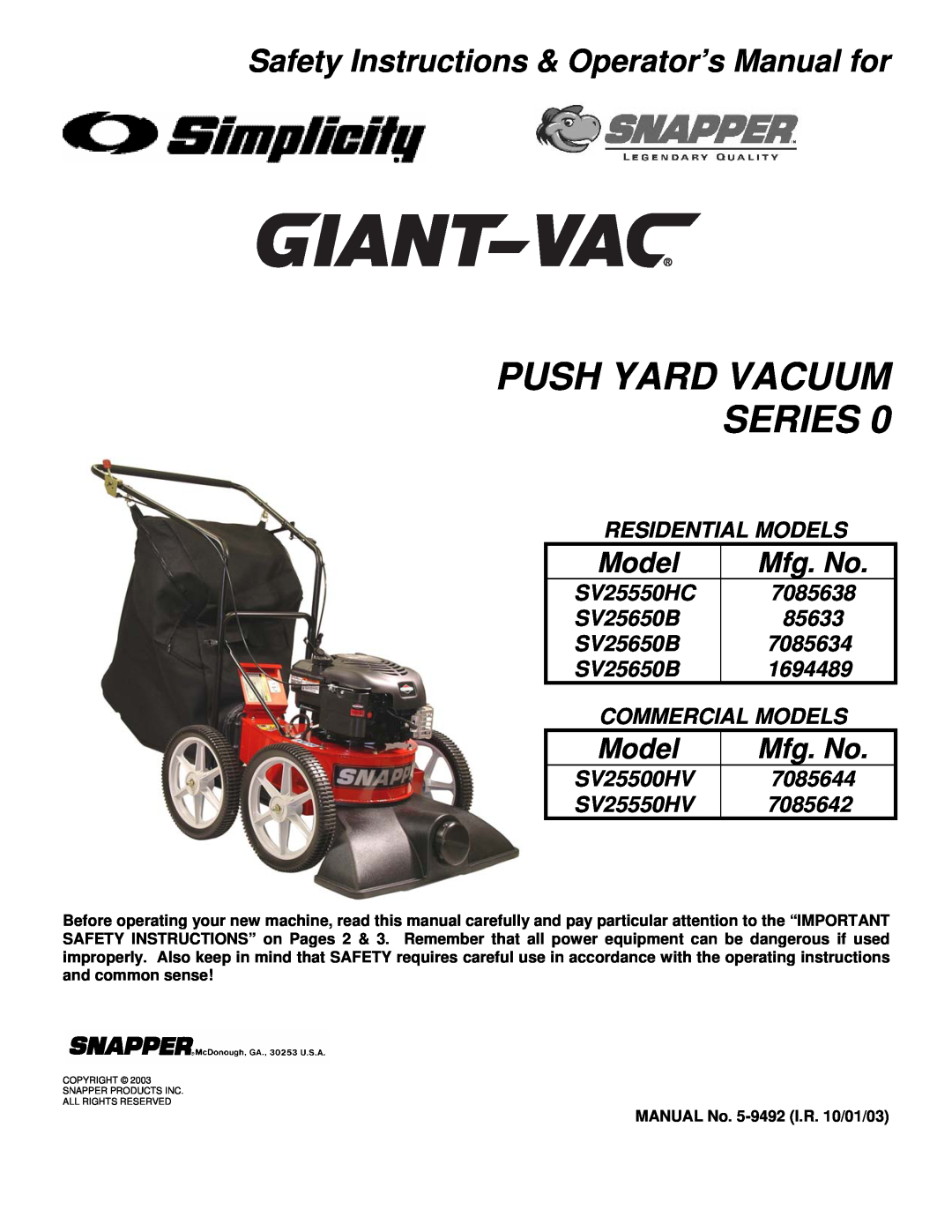 Snapper SV25550HC, SV25650B, SV25500HV, SV25550HV important safety instructions Push Yard Vacuum Series, Model, Mfg. No 