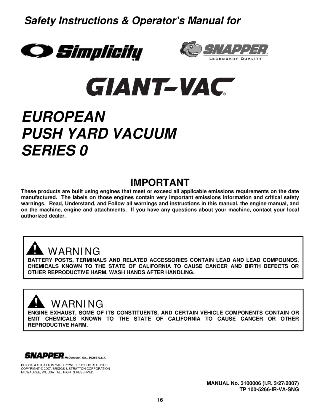 Snapper SV25550HV important safety instructions European Push Yard Vacuum Series 