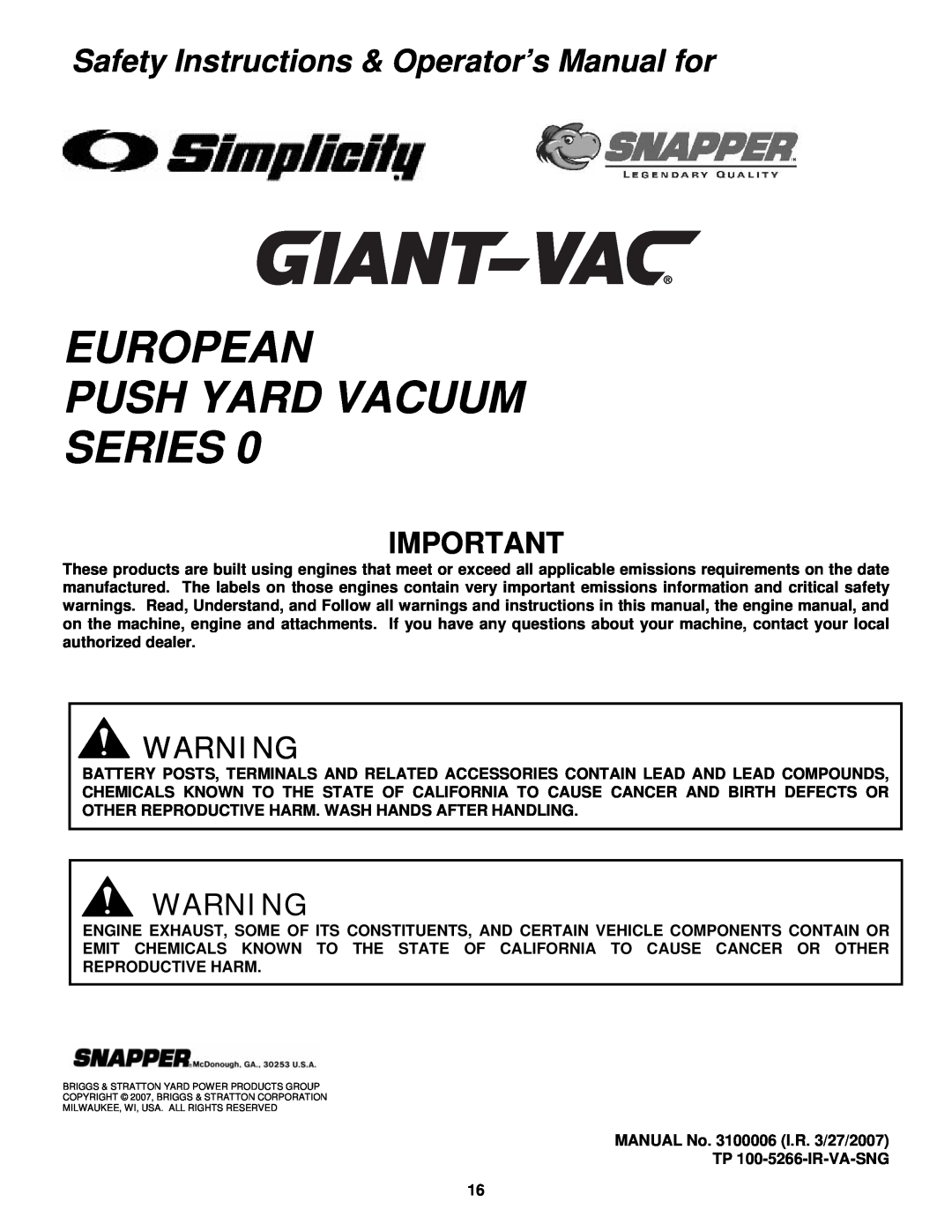 Snapper SV25550HV European Push Yard Vacuum Series, Safety Instructions & Operator’s Manual for 